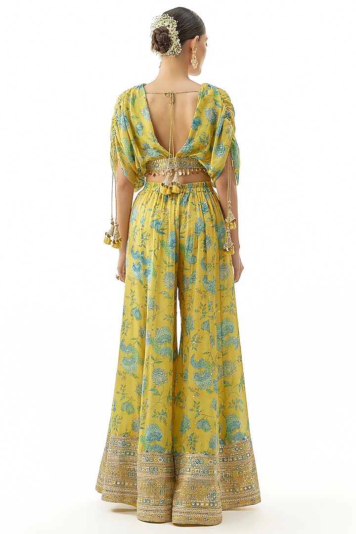 Yellow Cotton Silk Floral Printed Wedding Sharara Set by GOPI VAID at Pernia's Pop Up Shop