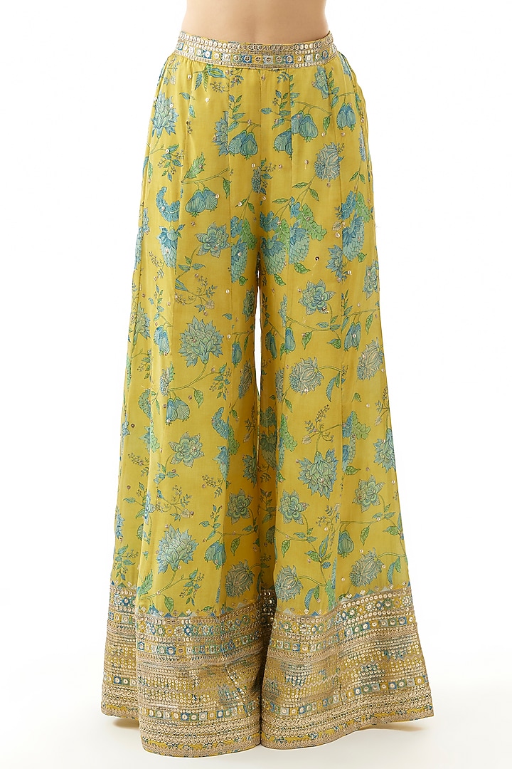 Yellow Cotton Silk Floral Printed Wedding Sharara Set by GOPI VAID at Pernia's Pop Up Shop