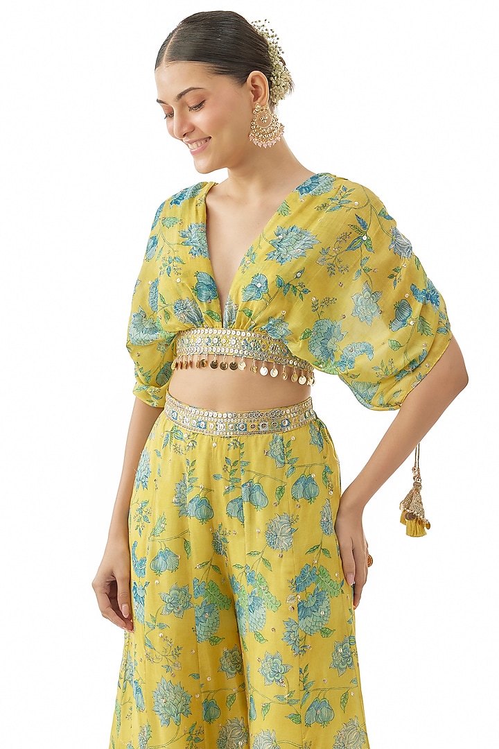Yellow Cotton Silk Floral Printed Wedding Sharara Set by GOPI VAID at Pernia's Pop Up Shop