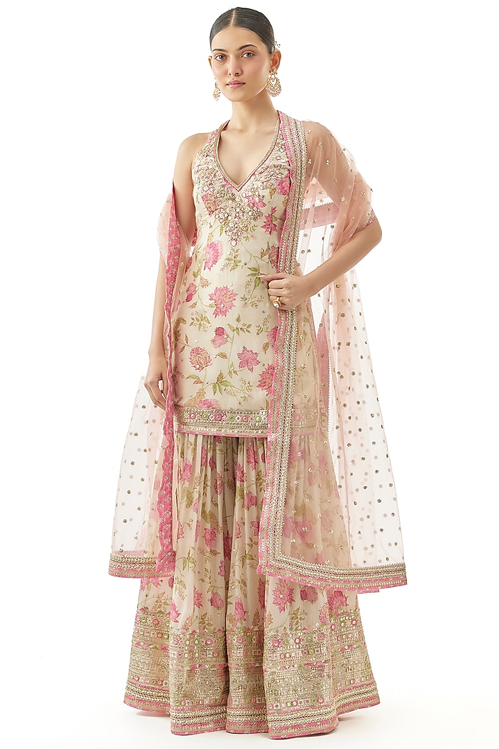 Ivory Cotton Silk Floral Printed Wedding Sharara Set by GOPI VAID at Pernia's Pop Up Shop