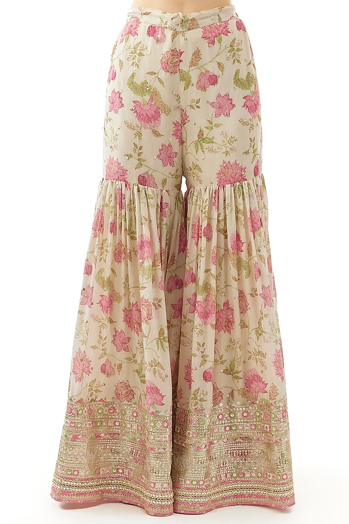 Ivory Cotton Silk Floral Printed Wedding Sharara Set by GOPI VAID at Pernia's Pop Up Shop
