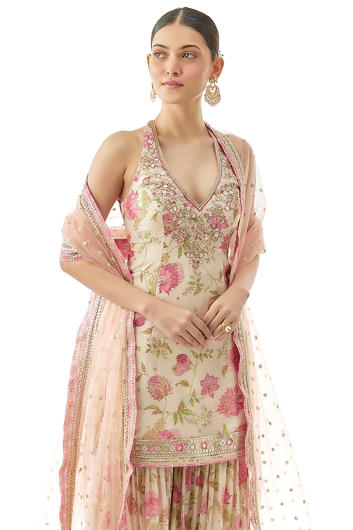 Ivory Cotton Silk Floral Printed Wedding Sharara Set by GOPI VAID at Pernia's Pop Up Shop
