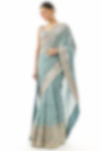 Blue Georgette Embroidered Tiered Wedding Saree Set by GOPI VAID at Pernia's Pop Up Shop
