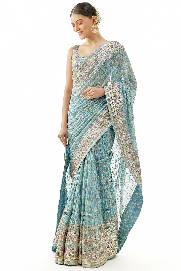 Blue Georgette Embroidered Tiered Wedding Saree Set by GOPI VAID at Pernia's Pop Up Shop