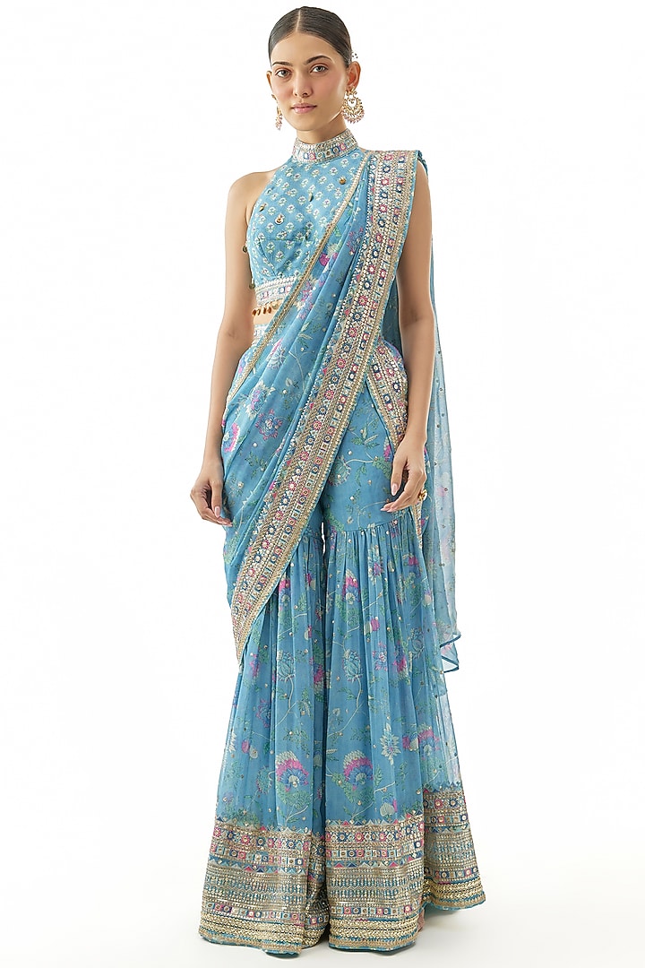 Blue Georgette Sequins Embroidered Pre-Pleated Sharara Set by GOPI VAID at Pernia's Pop Up Shop