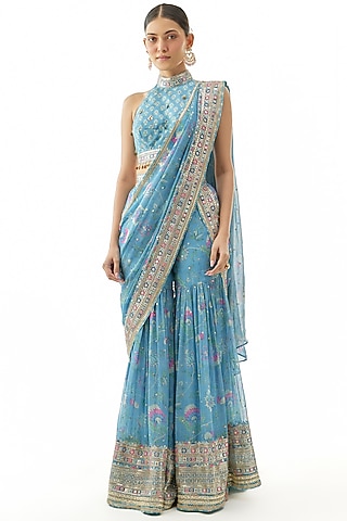 Blue Georgette Sequins Embroidered Pre-Pleated Sharara Set by GOPI VAID