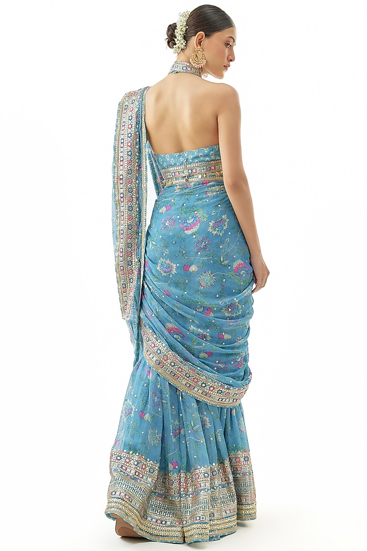 Blue Georgette Sequins Embroidered Pre-Pleated Sharara Set by GOPI VAID at Pernia's Pop Up Shop