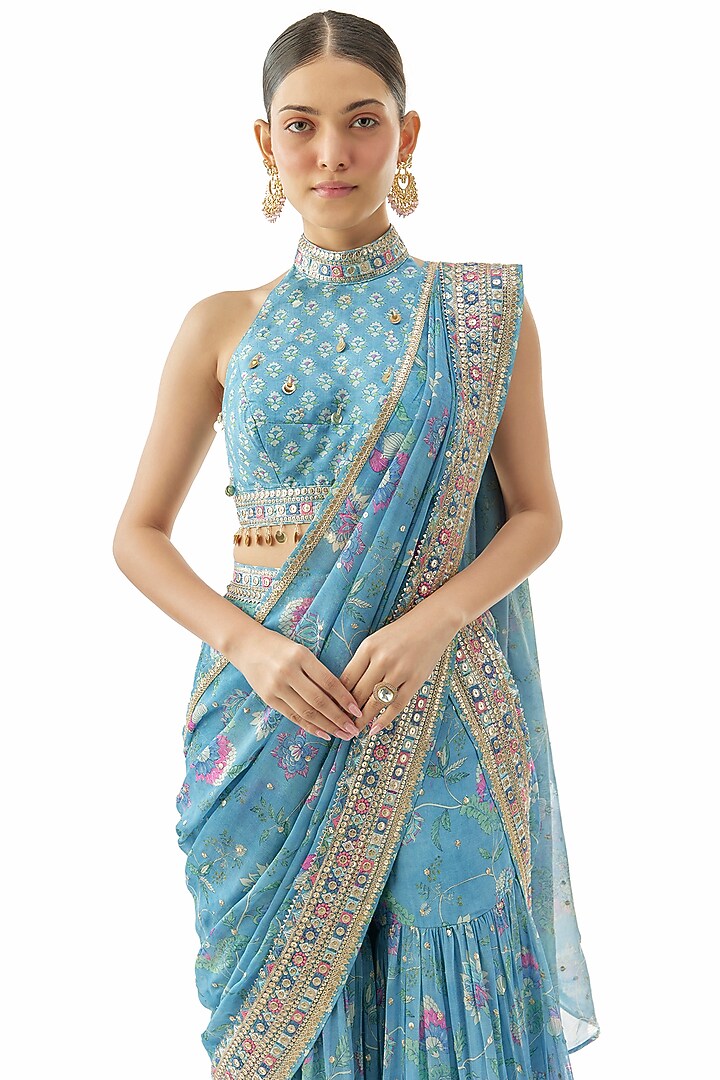 Blue Georgette Sequins Embroidered Pre-Pleated Sharara Set by GOPI VAID at Pernia's Pop Up Shop