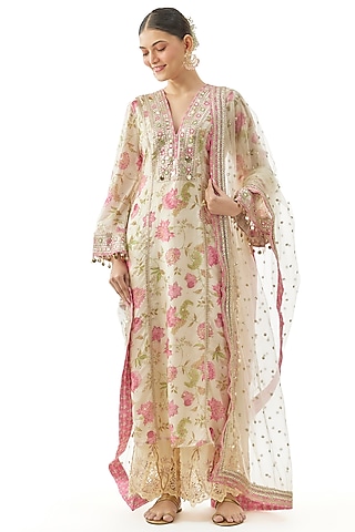 Ivory Cotton Silk Floral Printed Straight Kurta Set by GOPI VAID