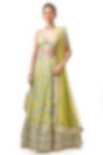 Yellow Cotton Silk Printed & Embroidered Wedding Lehenga Set by GOPI VAID at Pernia's Pop Up Shop