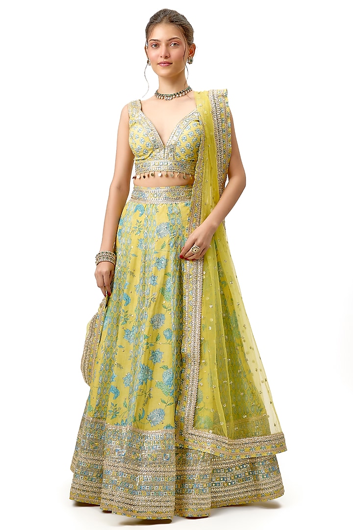 Yellow Cotton Silk Printed & Embroidered Wedding Lehenga Set by GOPI VAID at Pernia's Pop Up Shop