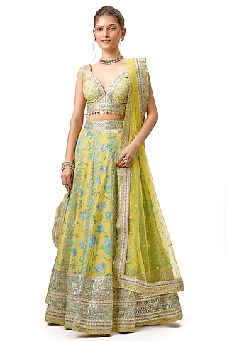 Yellow Cotton Silk Printed & Embroidered Lehenga Set by GOPI VAID