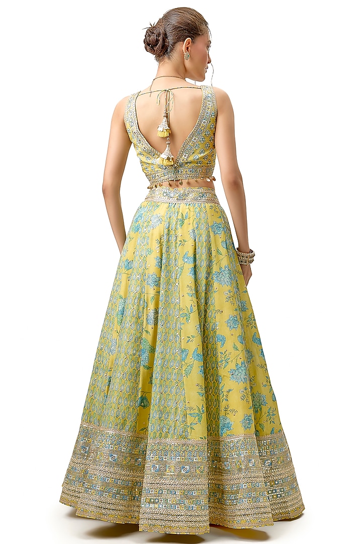 Yellow Cotton Silk Printed & Embroidered Wedding Lehenga Set by GOPI VAID at Pernia's Pop Up Shop