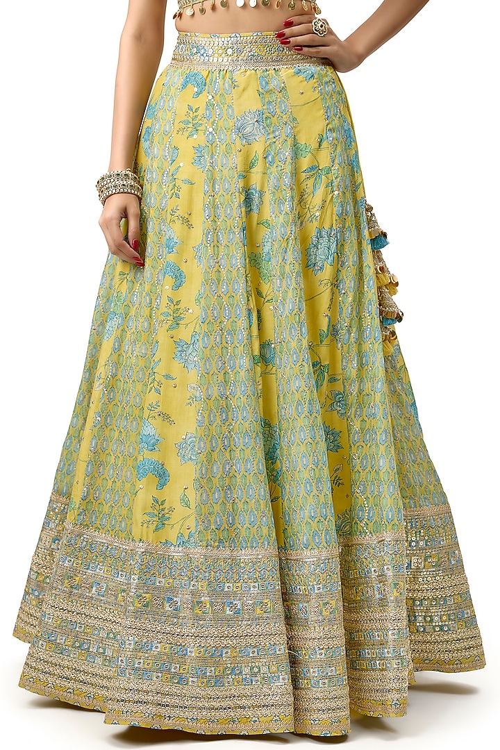 Yellow Cotton Silk Printed & Embroidered Wedding Lehenga Set by GOPI VAID at Pernia's Pop Up Shop