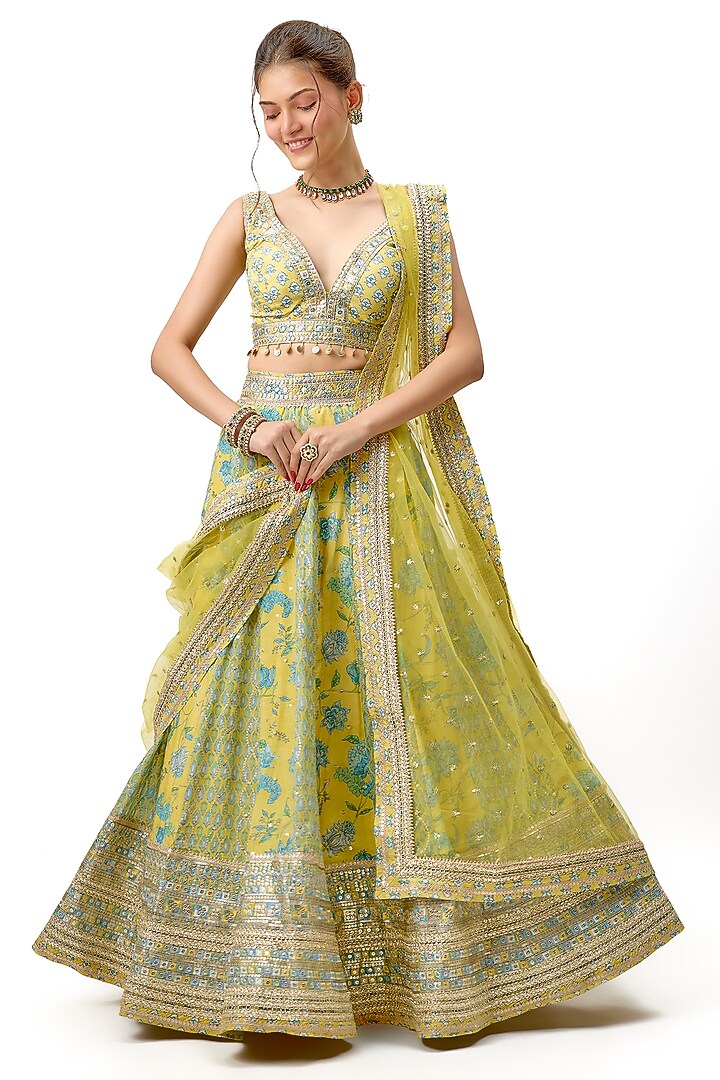 Yellow Cotton Silk Printed & Embroidered Wedding Lehenga Set by GOPI VAID at Pernia's Pop Up Shop