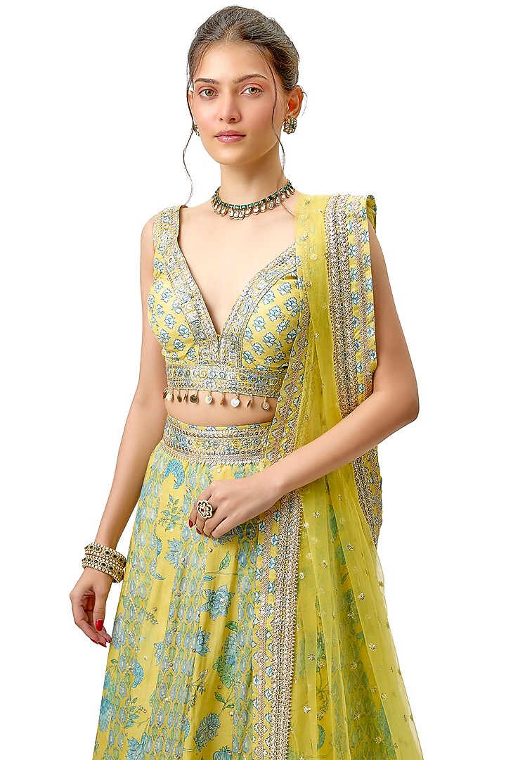 Yellow Cotton Silk Printed & Embroidered Wedding Lehenga Set by GOPI VAID at Pernia's Pop Up Shop