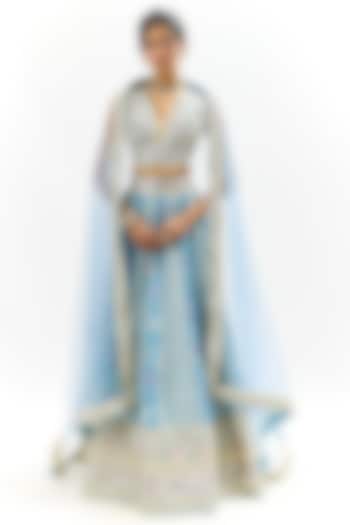 Blue Cotton Silk Floral Printed & Embroidered Wedding Lehenga Set by Gopi Vaid at Pernia's Pop Up Shop