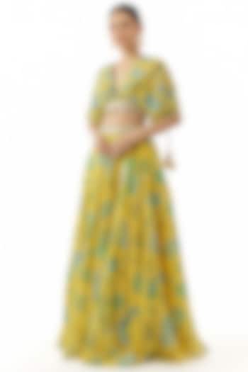 Yellow Organza Floral Printed Wedding Lehenga Set by GOPI VAID at Pernia's Pop Up Shop