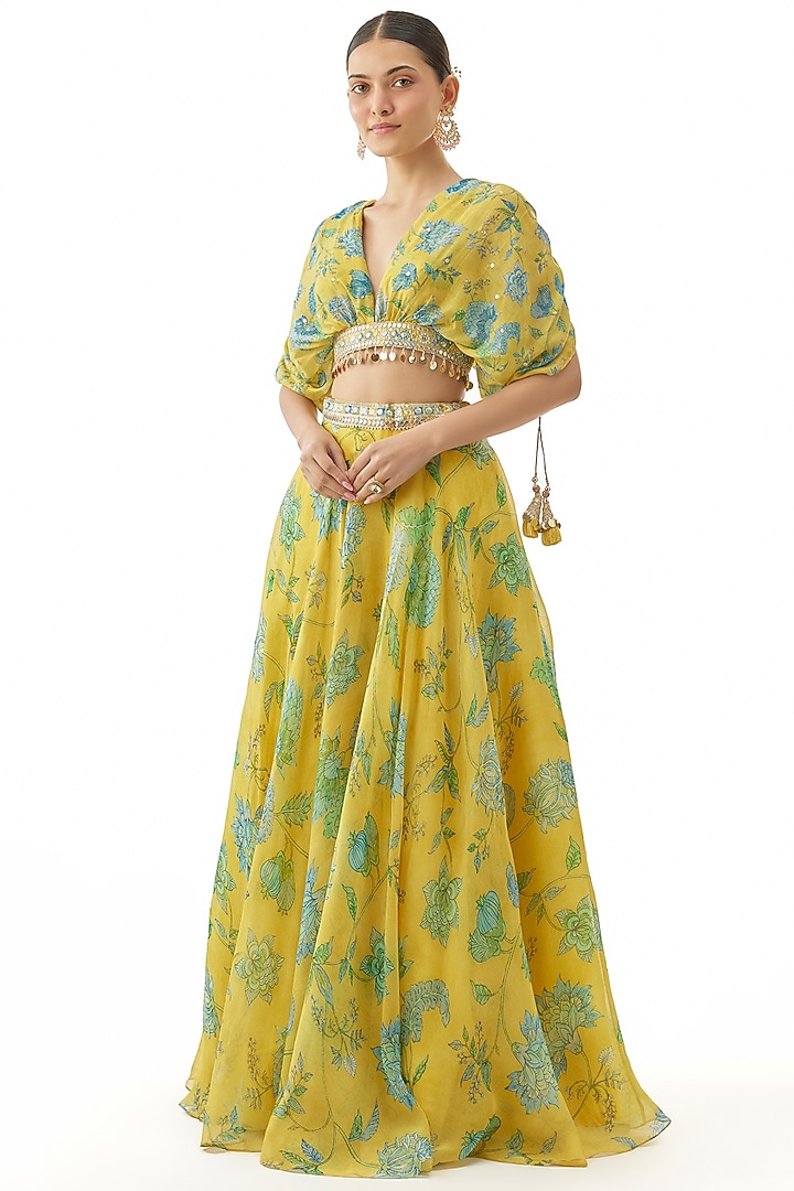 Yellow Organza Floral Printed Wedding Lehenga Set by GOPI VAID at Pernia's Pop Up Shop