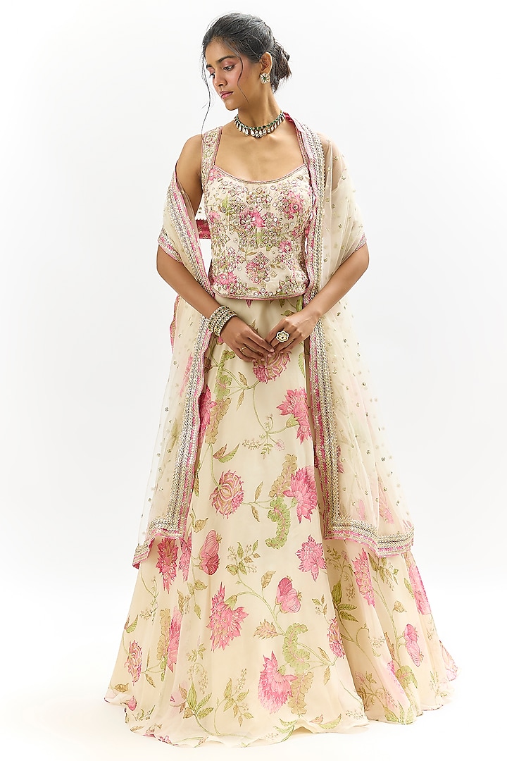 Ivory Organza Printed & Thread Embroidered Wedding Lehenga Set by Gopi Vaid at Pernia's Pop Up Shop