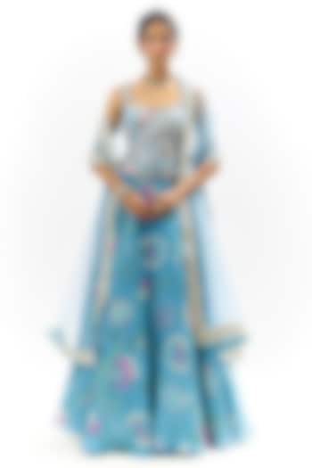 Blue Organza Printed & Thread Embroidered Wedding Lehenga Set by Gopi Vaid at Pernia's Pop Up Shop