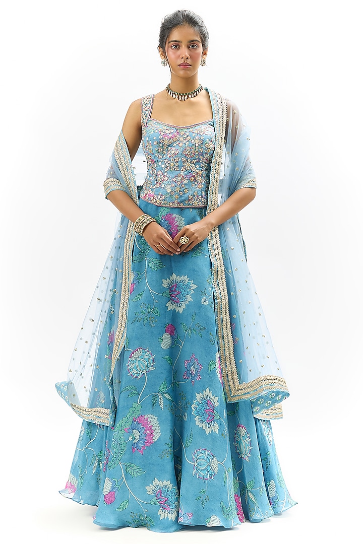 Blue Organza Printed & Thread Embroidered Wedding Lehenga Set by Gopi Vaid at Pernia's Pop Up Shop
