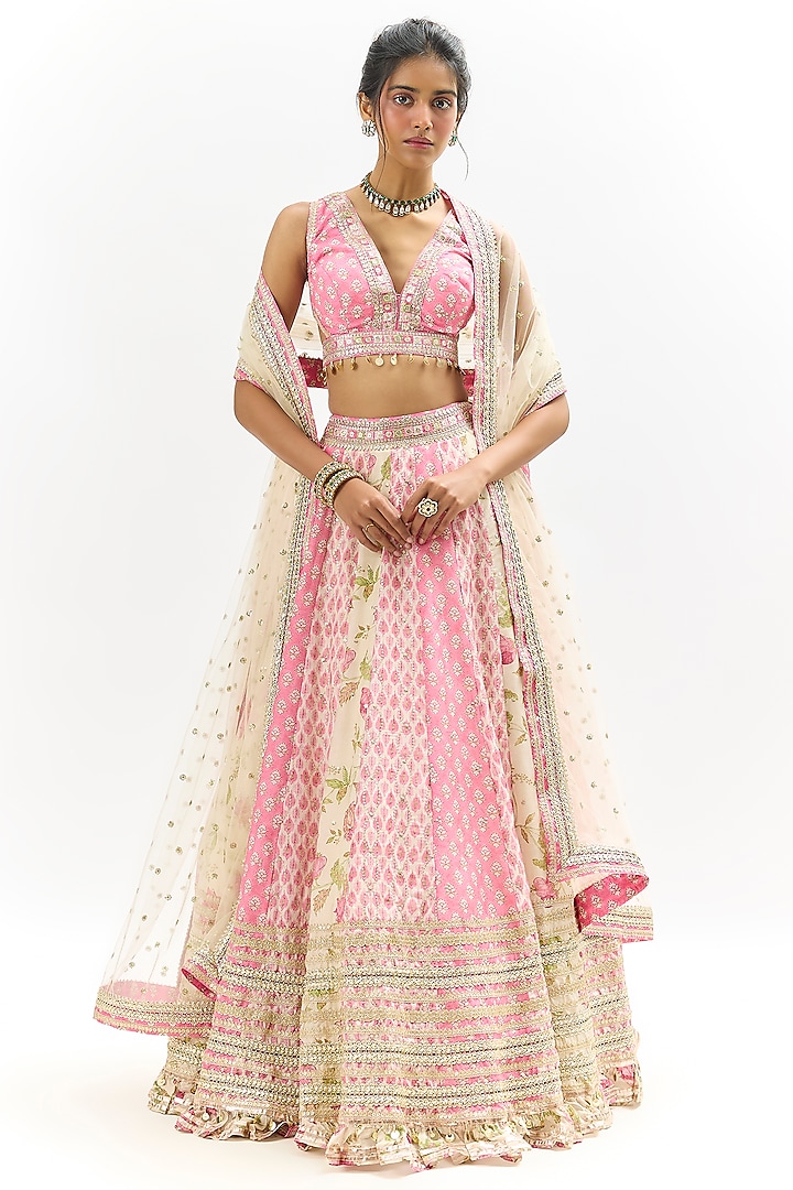 Pink Cotton Silk Embroidered Wedding Lehenga Set by Gopi Vaid at Pernia's Pop Up Shop