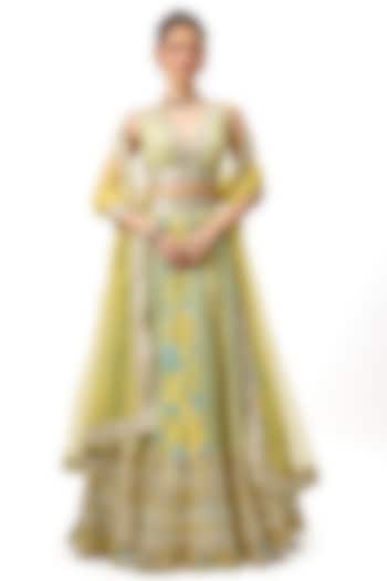 Yellow Cotton Silk Floral Motif Embroidered Flared Wedding Lehenga Set by Gopi Vaid at Pernia's Pop Up Shop