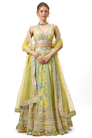 Yellow Cotton Silk Floral Motif Embroidered Flared Lehenga Set by Gopi Vaid
