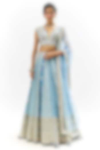 Blue Cotton Silk Embroidered Wedding Lehenga Set by Gopi Vaid at Pernia's Pop Up Shop