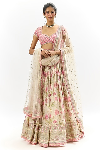 Ivory Georgette Embroidered Lehenga Set by Gopi Vaid