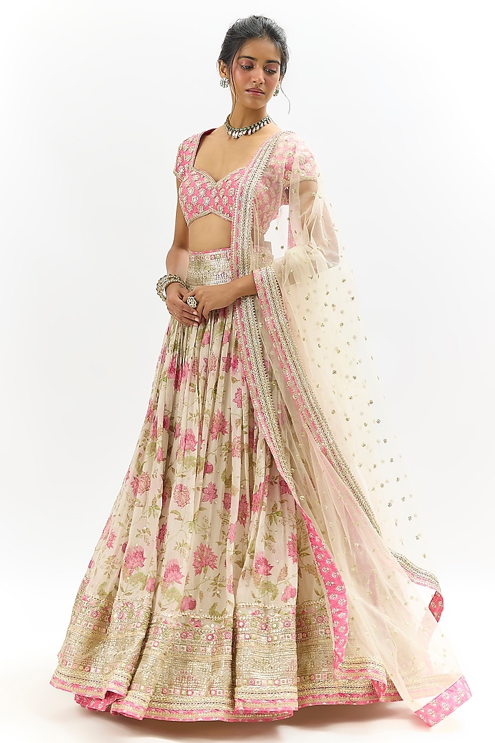 Ivory Georgette Embroidered Wedding Lehenga Set by Gopi Vaid at Pernia's Pop Up Shop