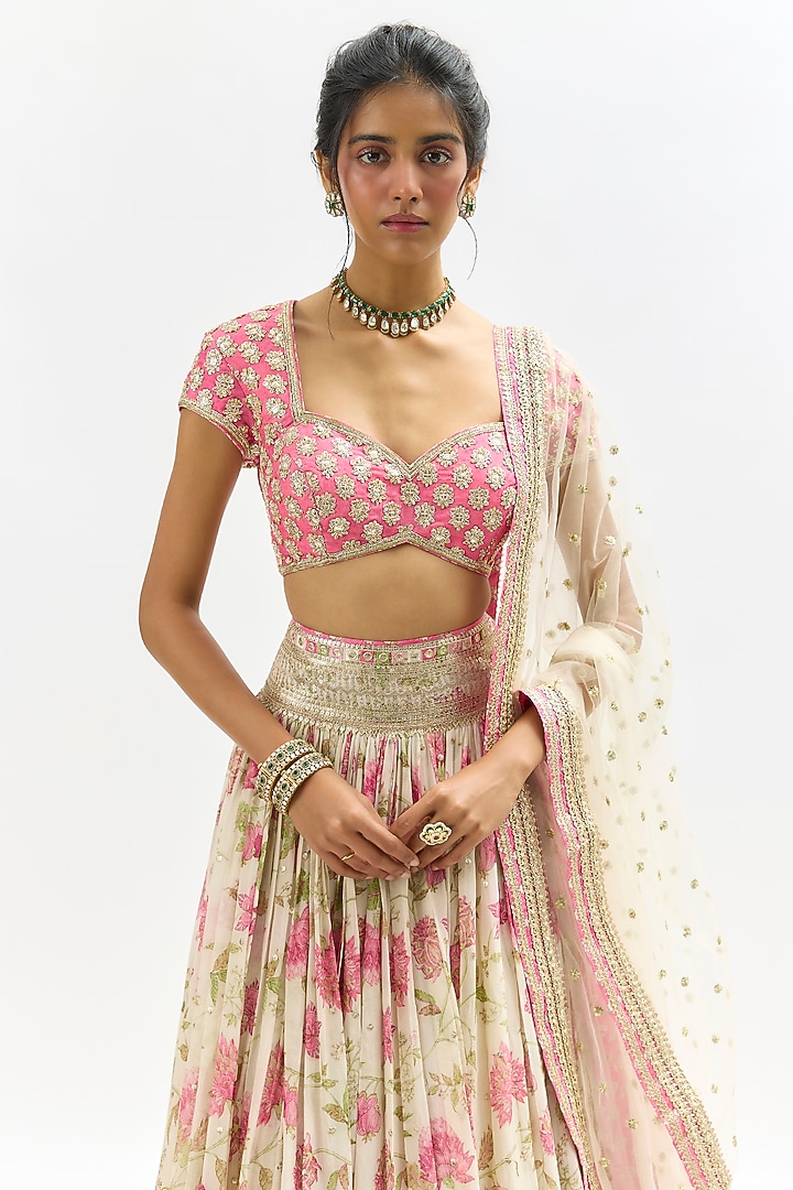 Ivory Georgette Embroidered Wedding Lehenga Set by Gopi Vaid at Pernia's Pop Up Shop