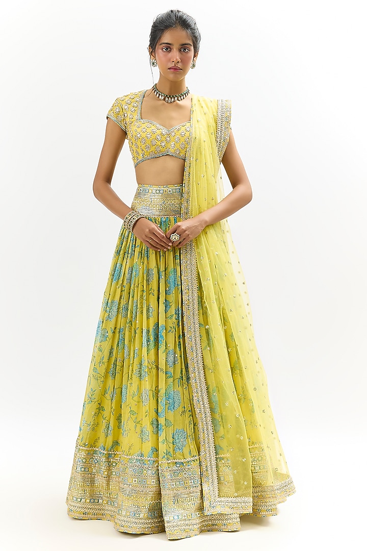 Yellow Georgette Embroidered Wedding Lehenga Set by GOPI VAID at Pernia's Pop Up Shop