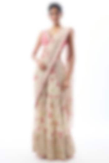 Pink Georgette Mirror & Sequins Embroidered Sharara Wedding Saree Set by GOPI VAID at Pernia's Pop Up Shop