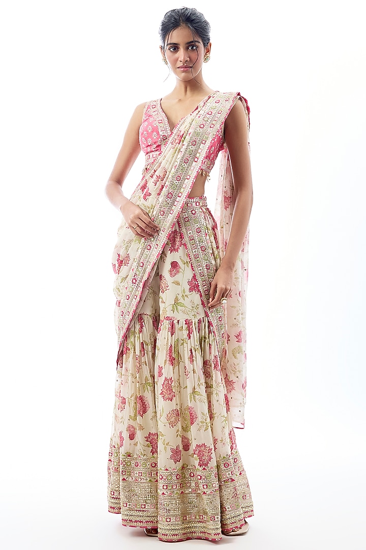 Pink Georgette Mirror & Sequins Embroidered Sharara Wedding Saree Set by GOPI VAID at Pernia's Pop Up Shop