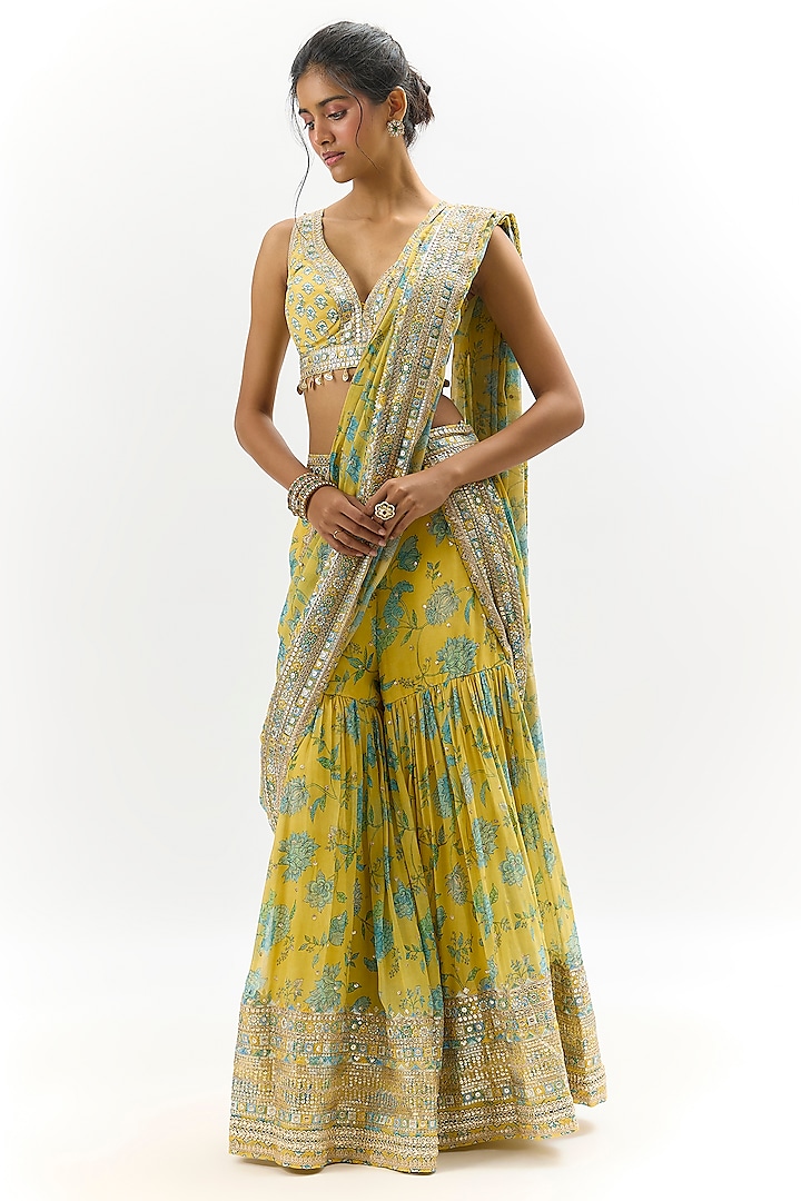 Yellow Georgette Sequins Embroidered Sharara Wedding Saree Set by Gopi Vaid at Pernia's Pop Up Shop
