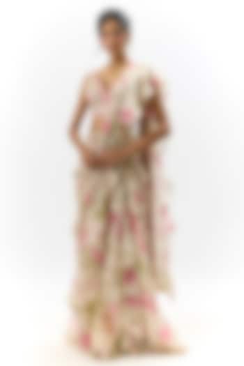 Ivory Georgette & Organza Floral Embroidered Wedding Saree Set by Gopi Vaid at Pernia's Pop Up Shop