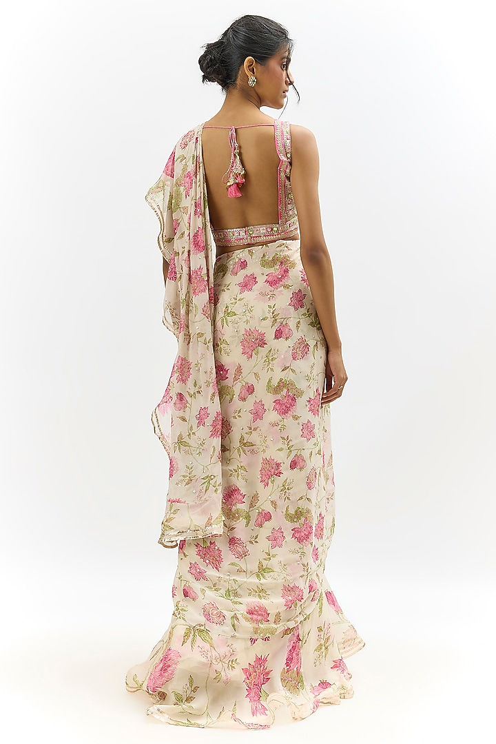 Ivory Georgette & Organza Floral Embroidered Wedding Saree Set by Gopi Vaid at Pernia's Pop Up Shop