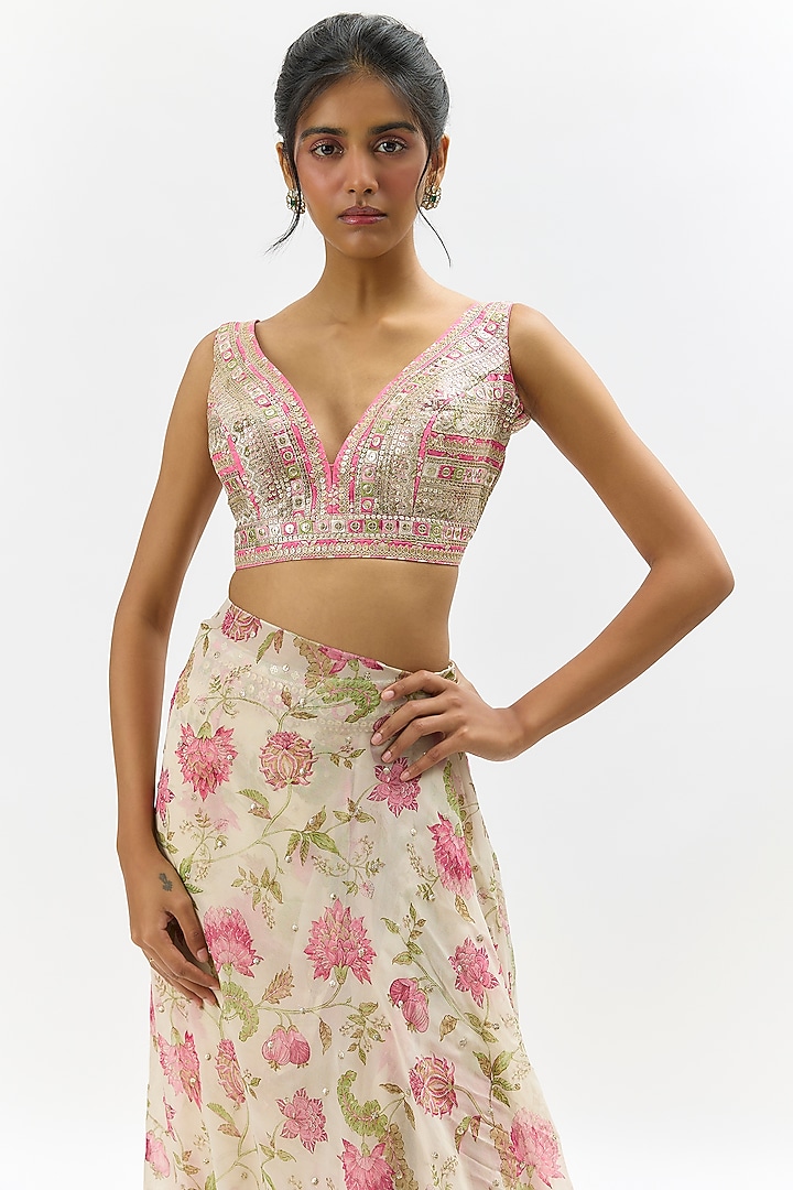 Ivory Georgette & Organza Floral Embroidered Wedding Saree Set by Gopi Vaid at Pernia's Pop Up Shop