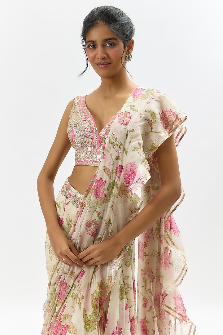 Ivory Georgette & Organza Floral Embroidered Wedding Saree Set by Gopi Vaid at Pernia's Pop Up Shop