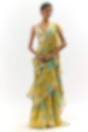 Yellow Georgette & Organza Floral Embroidered Wedding Saree Set by Gopi Vaid at Pernia's Pop Up Shop