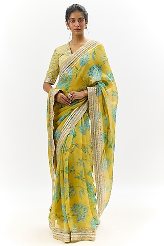 Yellow Organza Floral Printed & Embroidered Saree Set by Gopi Vaid