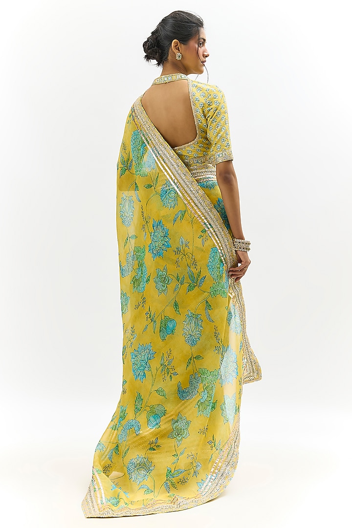 Yellow Organza Floral Printed & Embroidered Wedding Saree Set by Gopi Vaid at Pernia's Pop Up Shop