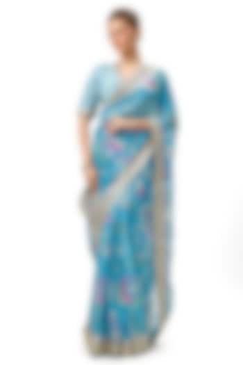 Blue Organza Floral Printed & Embroidered Wedding Saree Set by Gopi Vaid at Pernia's Pop Up Shop