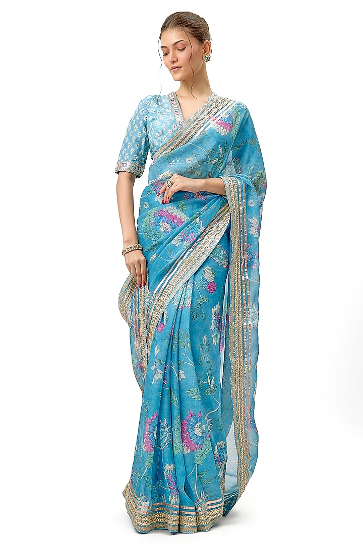 Blue Organza Floral Printed & Embroidered Wedding Saree Set by Gopi Vaid at Pernia's Pop Up Shop