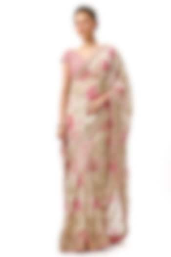 Ivory Organza Floral Printed & Embellished Wedding Saree Set by Gopi Vaid at Pernia's Pop Up Shop