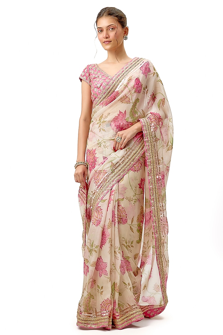 Ivory Organza Floral Printed & Embellished Wedding Saree Set by Gopi Vaid at Pernia's Pop Up Shop