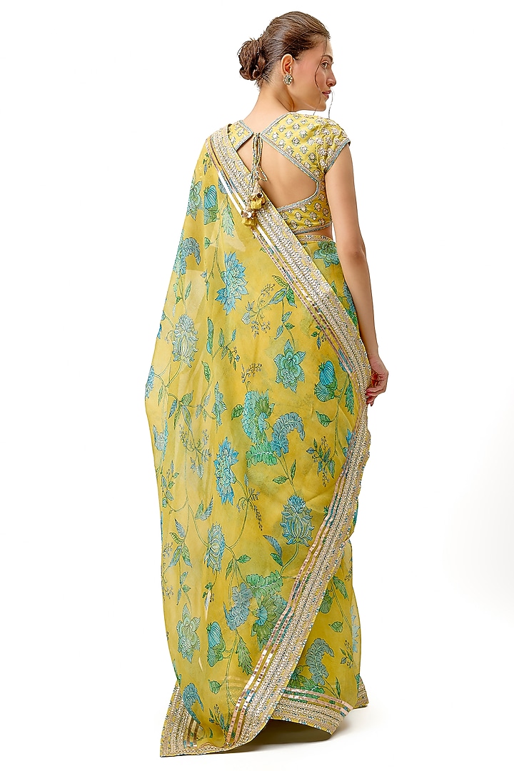 Yellow Organza Floral Printed & Embellished Wedding Saree Set by Gopi Vaid at Pernia's Pop Up Shop