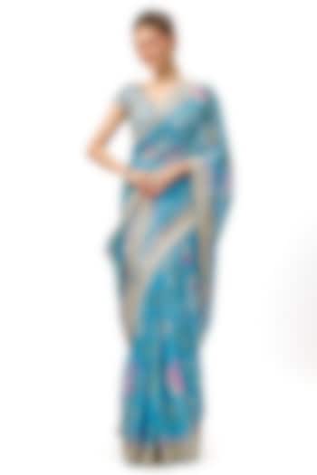 Blue Organza Floral Printed & Embellished Wedding Saree Set by Gopi Vaid at Pernia's Pop Up Shop